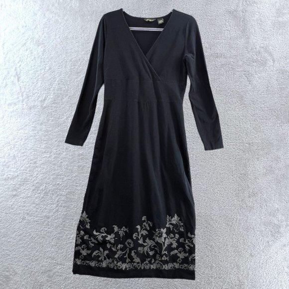 Eddie Bauer Black Midi Dress with Gray Floral Design - Picture 1 of 9